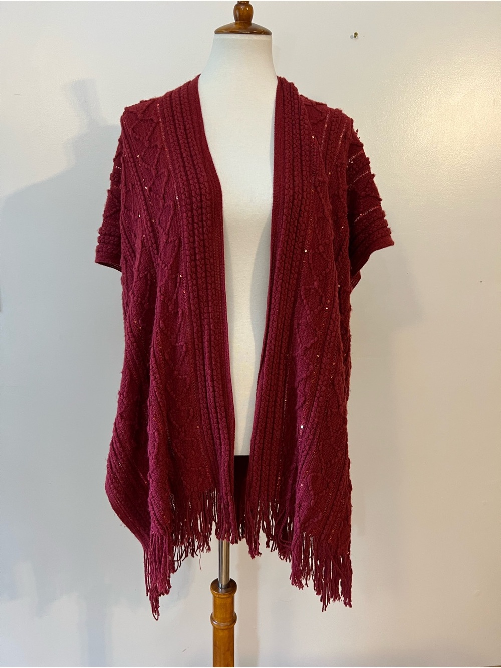 The Skyline C. Red Knit Poncho Cardigan Open Knit Shawl Sequin Fringe Whimsigoth